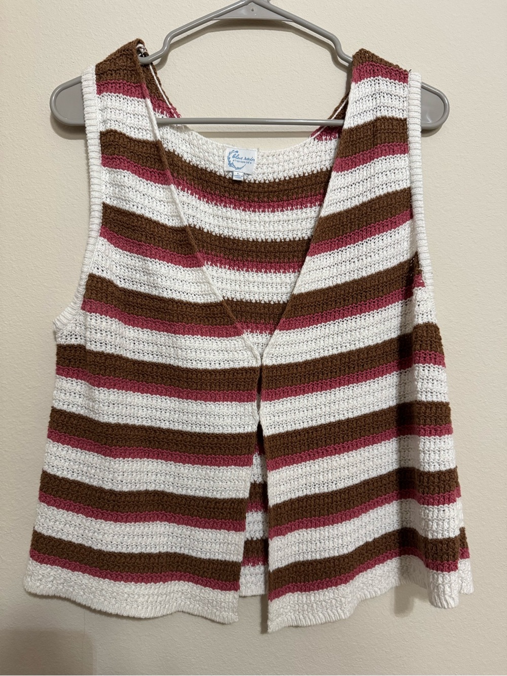 Francesca's Collections Striped Crochet Vest in White, Brown & Pink